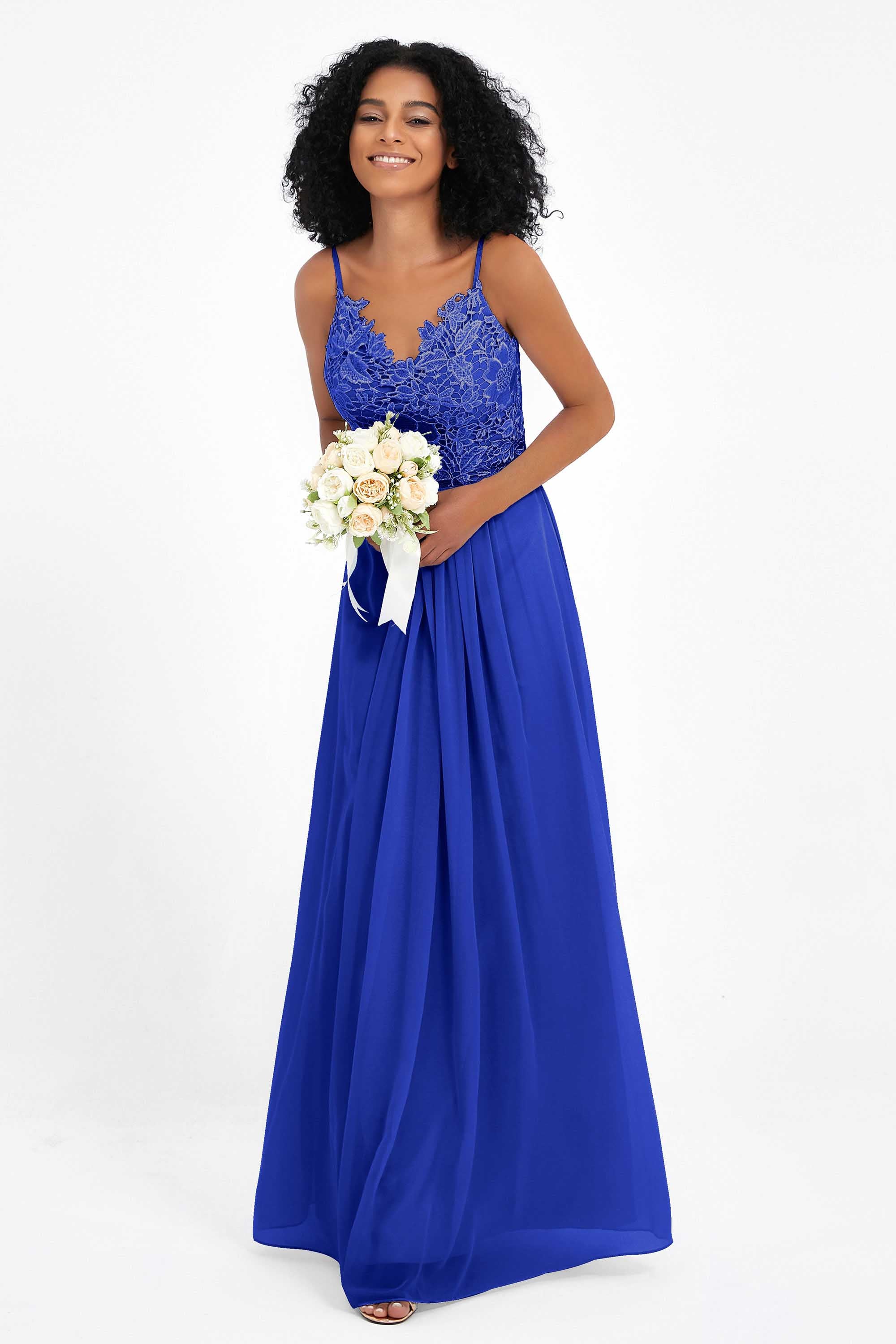 Spaghetti Straps Chiffon Lace Bridesmaid Dress Ruched Long Formal Evening Dresses Gowns