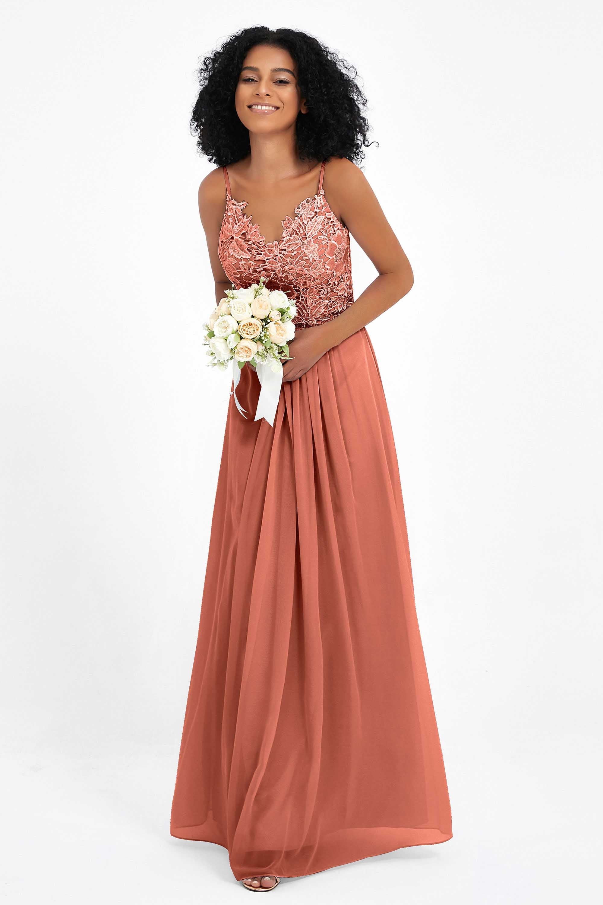 Spaghetti Straps Chiffon Lace Bridesmaid Dress Ruched Long Formal Evening Dresses Gowns