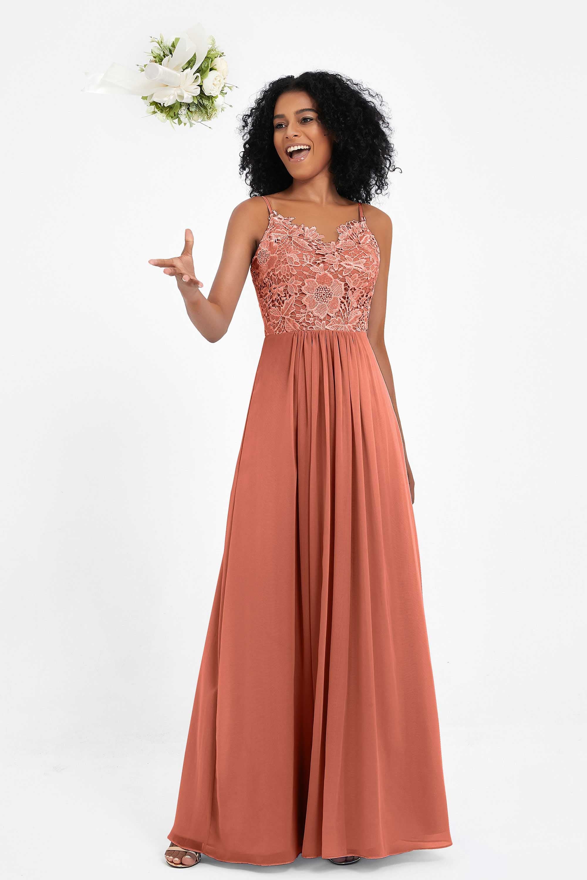 Spaghetti Straps Chiffon Lace Bridesmaid Dress Ruched Long Formal Evening Dresses Gowns
