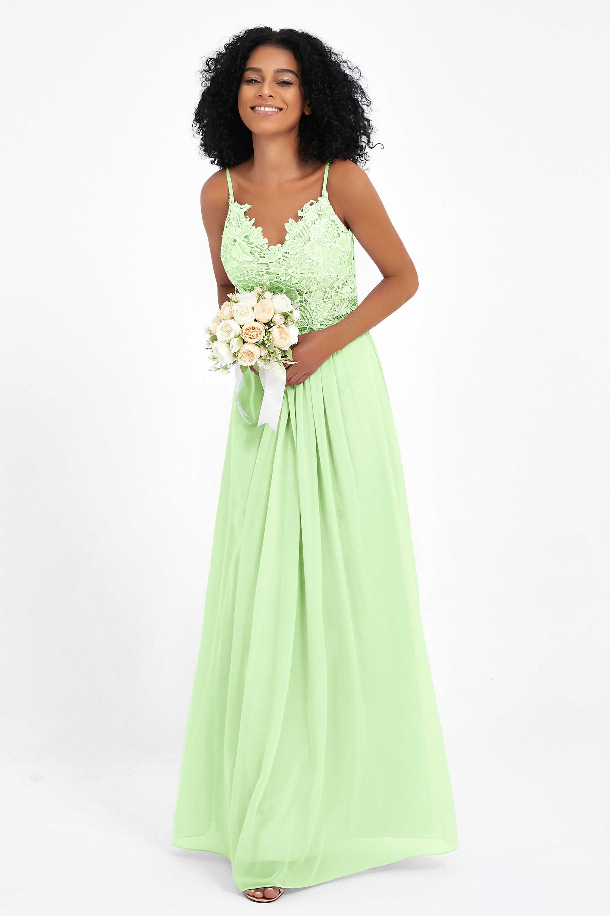 Spaghetti Straps Chiffon Lace Bridesmaid Dress Ruched Long Formal Evening Dresses Gowns