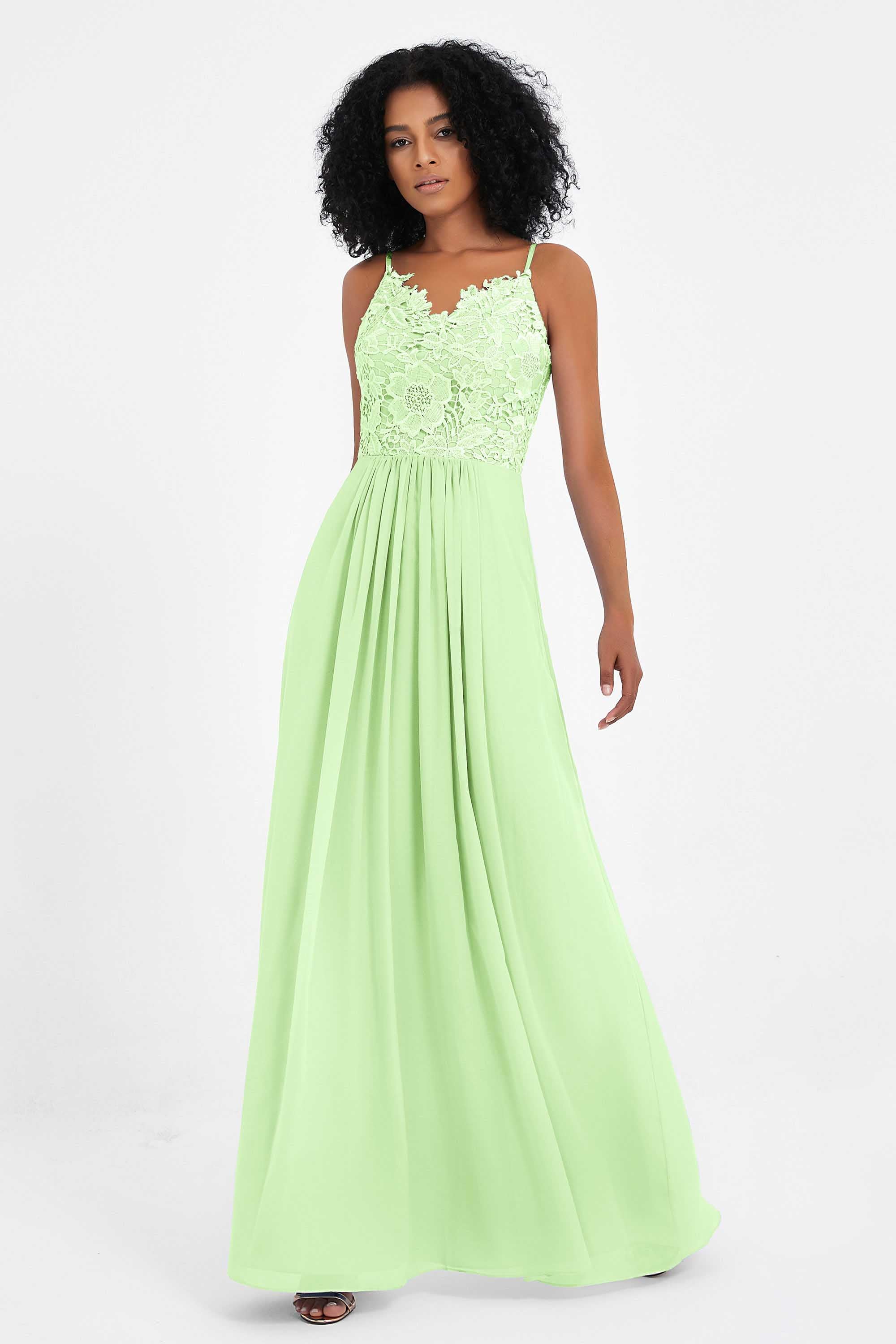 Spaghetti Straps Chiffon Lace Bridesmaid Dress Ruched Long Formal Evening Dresses Gowns
