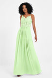 Spaghetti Straps Chiffon Lace Bridesmaid Dress Ruched Long Formal Evening Dresses Gowns