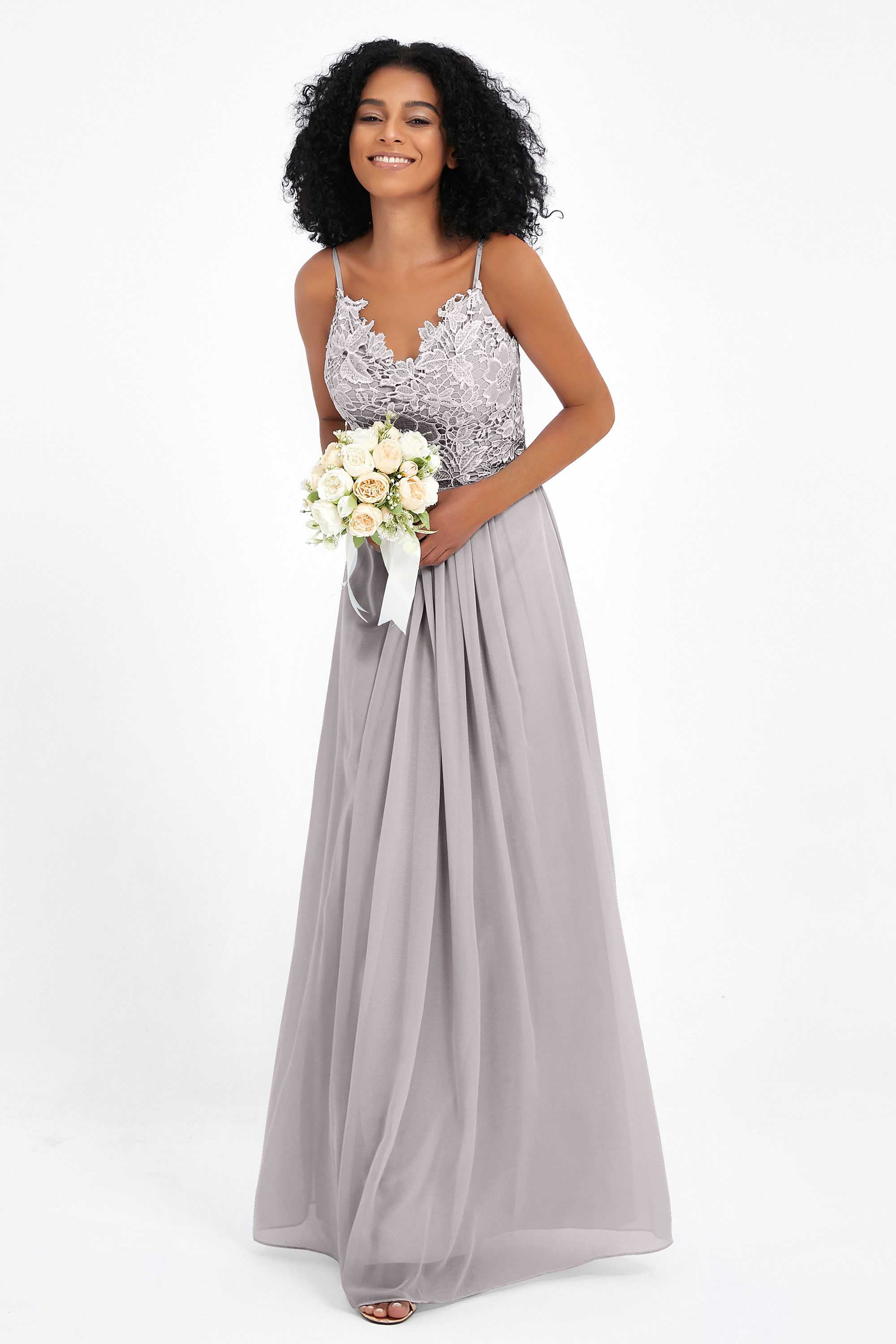 Spaghetti Straps Chiffon Lace Bridesmaid Dress Ruched Long Formal Evening Dresses Gowns