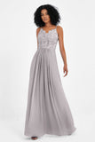 Spaghetti Straps Chiffon Lace Bridesmaid Dress Ruched Long Formal Evening Dresses Gowns