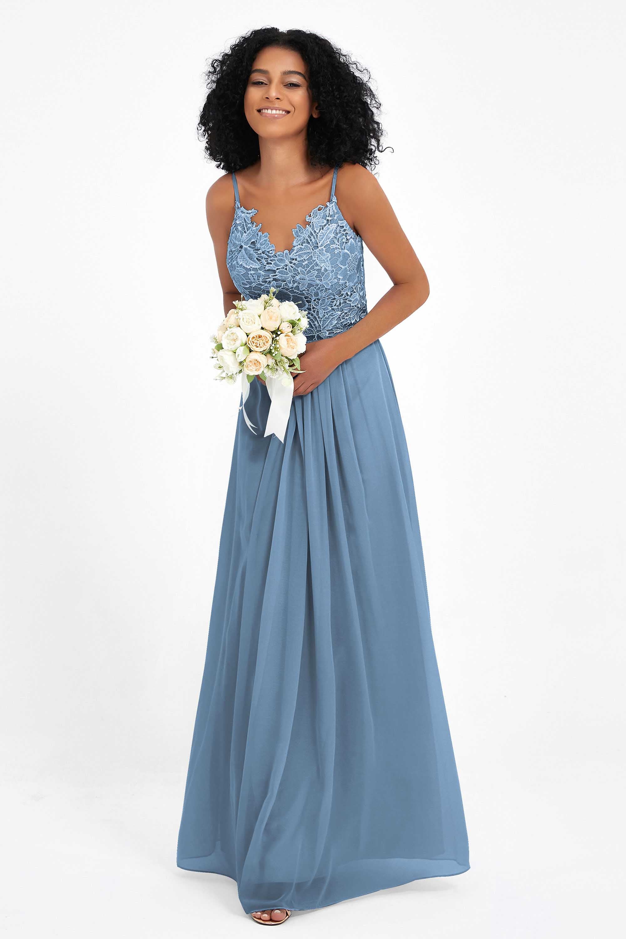 Spaghetti Straps Chiffon Lace Bridesmaid Dress Ruched Long Formal Evening Dresses Gowns