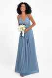 Spaghetti Straps Chiffon Lace Bridesmaid Dress Ruched Long Formal Evening Dresses Gowns