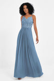 Spaghetti Straps Chiffon Lace Bridesmaid Dress Ruched Long Formal Evening Dresses Gowns