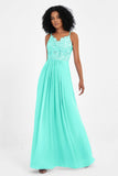 Spaghetti Straps Chiffon Lace Bridesmaid Dress Ruched Long Formal Evening Dresses Gowns