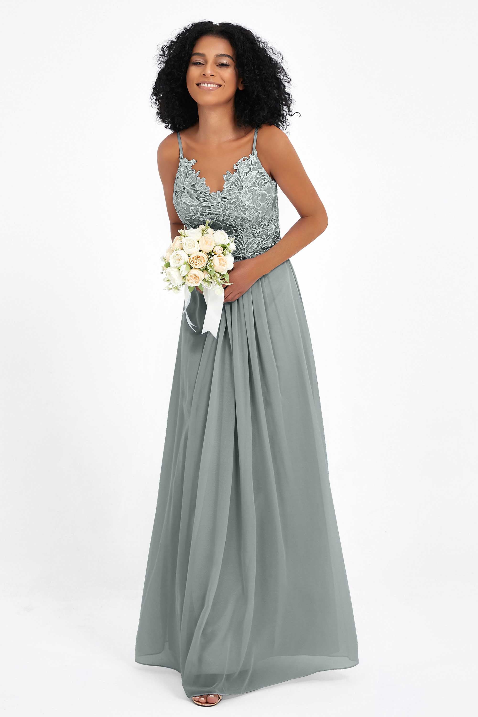 Spaghetti Straps Chiffon Lace Bridesmaid Dress Ruched Long Formal Evening Dresses Gowns