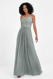 Spaghetti Straps Chiffon Lace Bridesmaid Dress Ruched Long Formal Evening Dresses Gowns