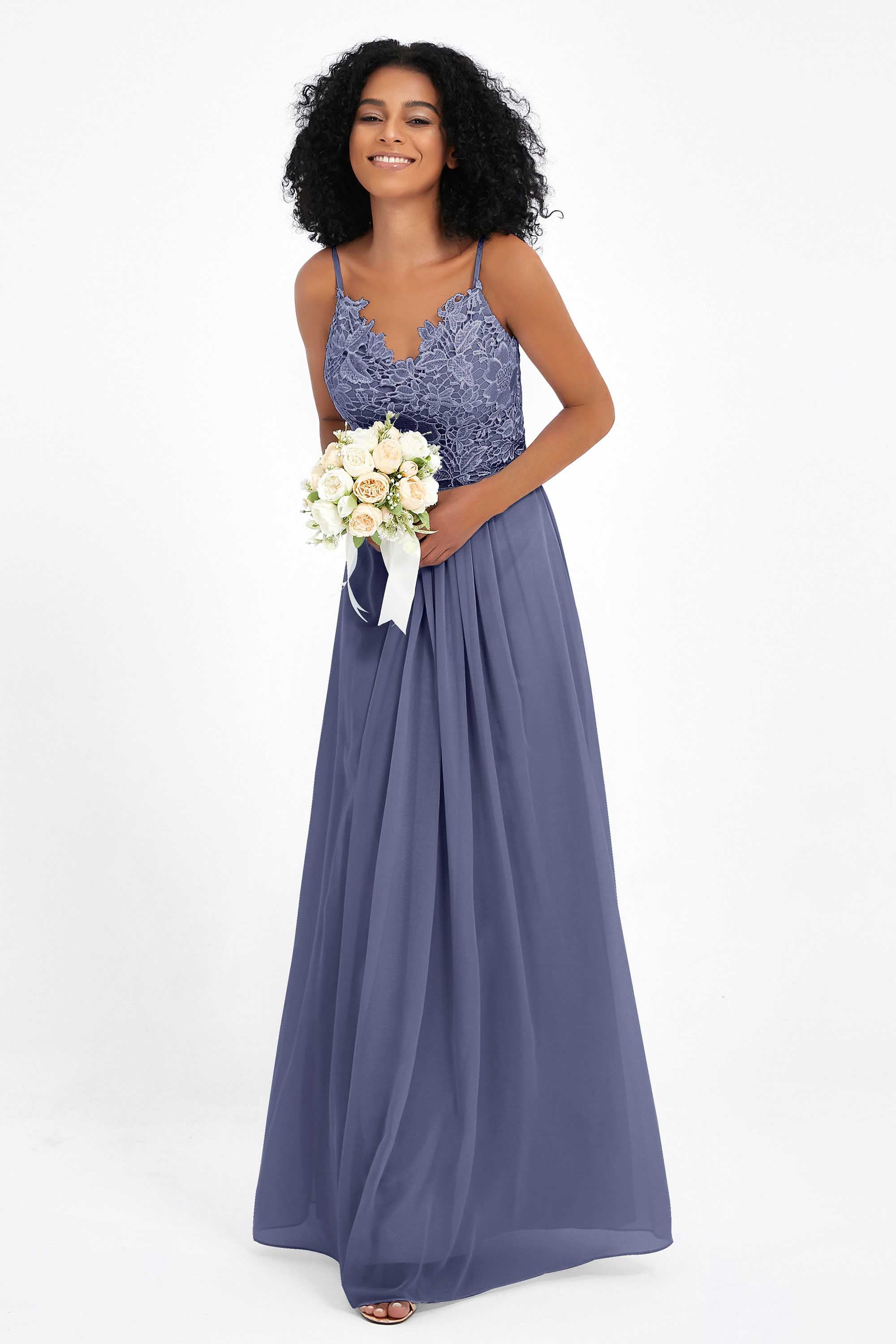Spaghetti Straps Chiffon Lace Bridesmaid Dress Ruched Long Formal Evening Dresses Gowns
