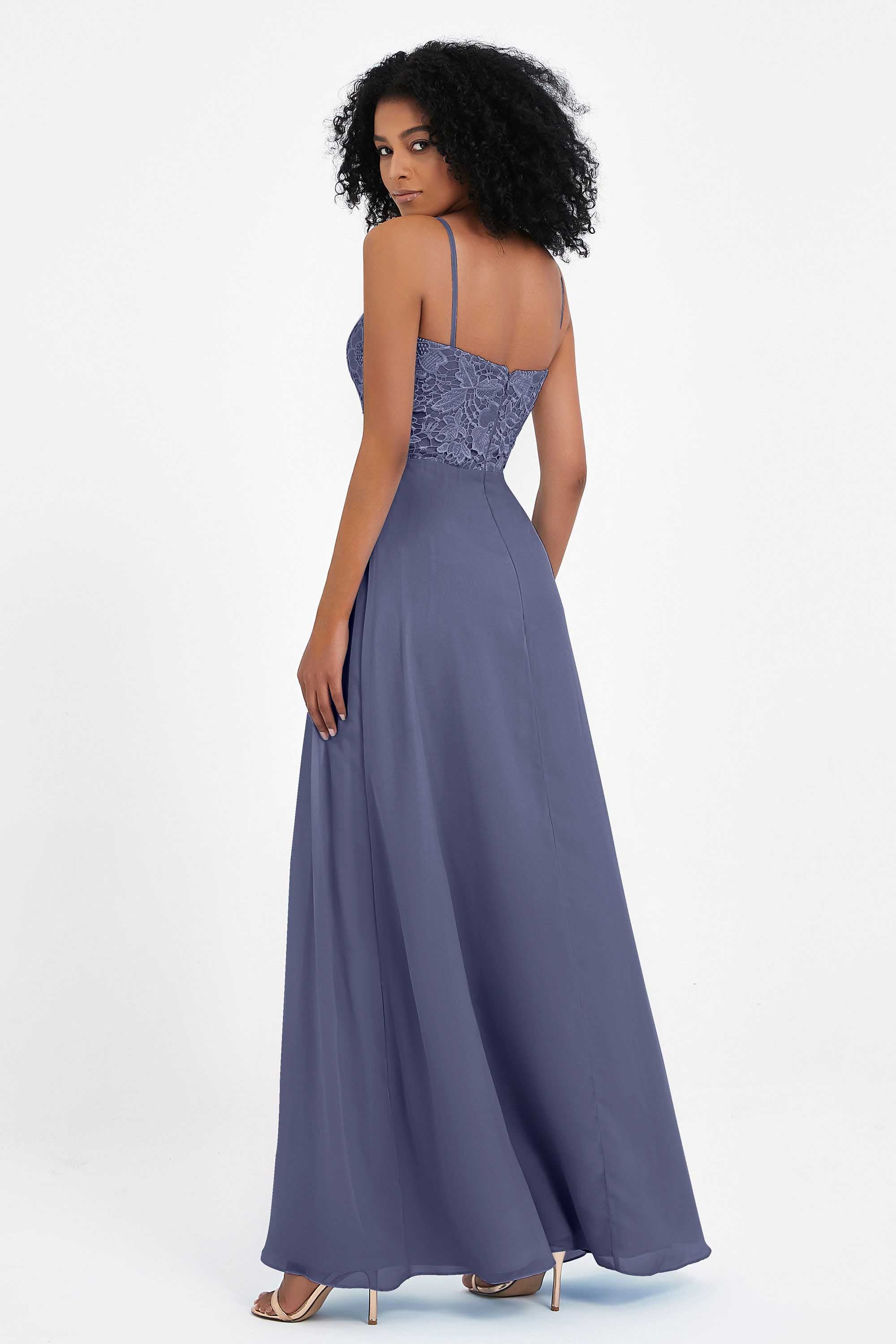 Spaghetti Straps Chiffon Lace Bridesmaid Dress Ruched Long Formal Evening Dresses Gowns