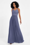 Spaghetti Straps Chiffon Lace Bridesmaid Dress Ruched Long Formal Evening Dresses Gowns