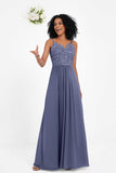 Spaghetti Straps Chiffon Lace Bridesmaid Dress Ruched Long Formal Evening Dresses Gowns