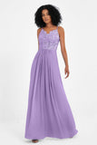 Spaghetti Straps Chiffon Lace Bridesmaid Dress Ruched Long Formal Evening Dresses Gowns