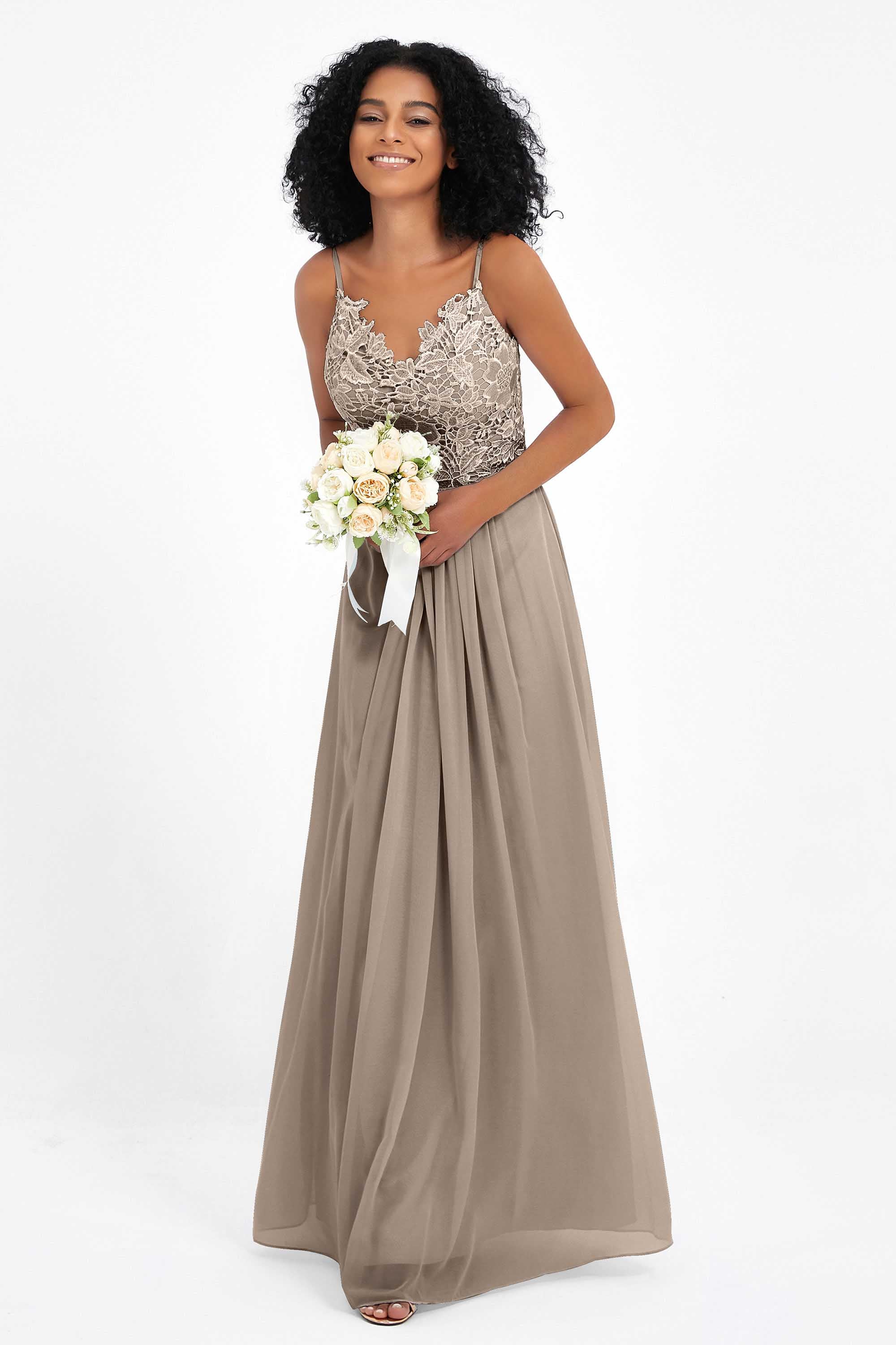 Spaghetti Straps Chiffon Lace Bridesmaid Dress Ruched Long Formal Evening Dresses Gowns