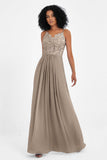 Spaghetti Straps Chiffon Lace Bridesmaid Dress Ruched Long Formal Evening Dresses Gowns