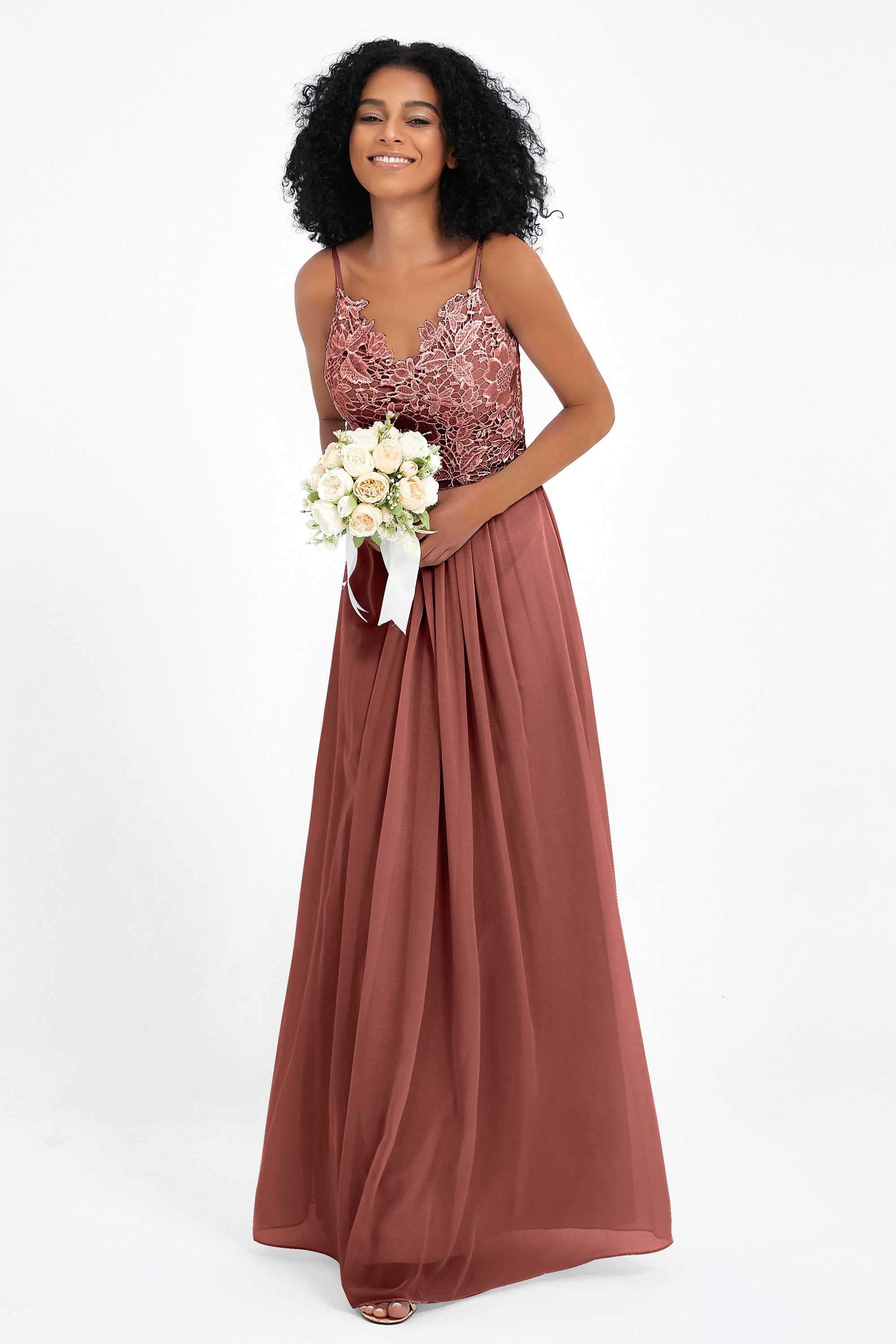 Spaghetti Straps Chiffon Lace Bridesmaid Dress Ruched Long Formal Evening Dresses Gowns