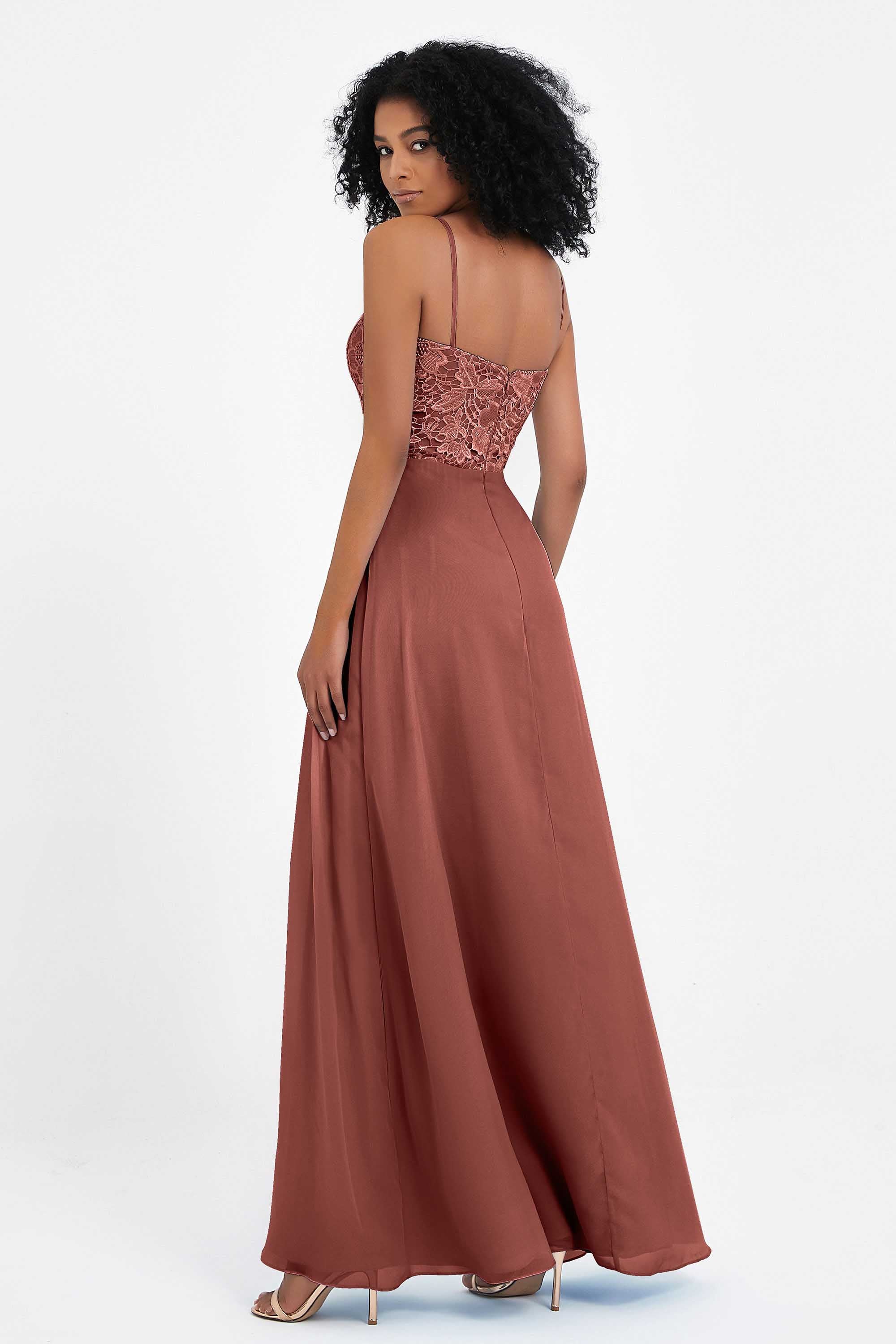 Spaghetti Straps Chiffon Lace Bridesmaid Dress Ruched Long Formal Evening Dresses Gowns