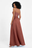 Spaghetti Straps Chiffon Lace Bridesmaid Dress Ruched Long Formal Evening Dresses Gowns