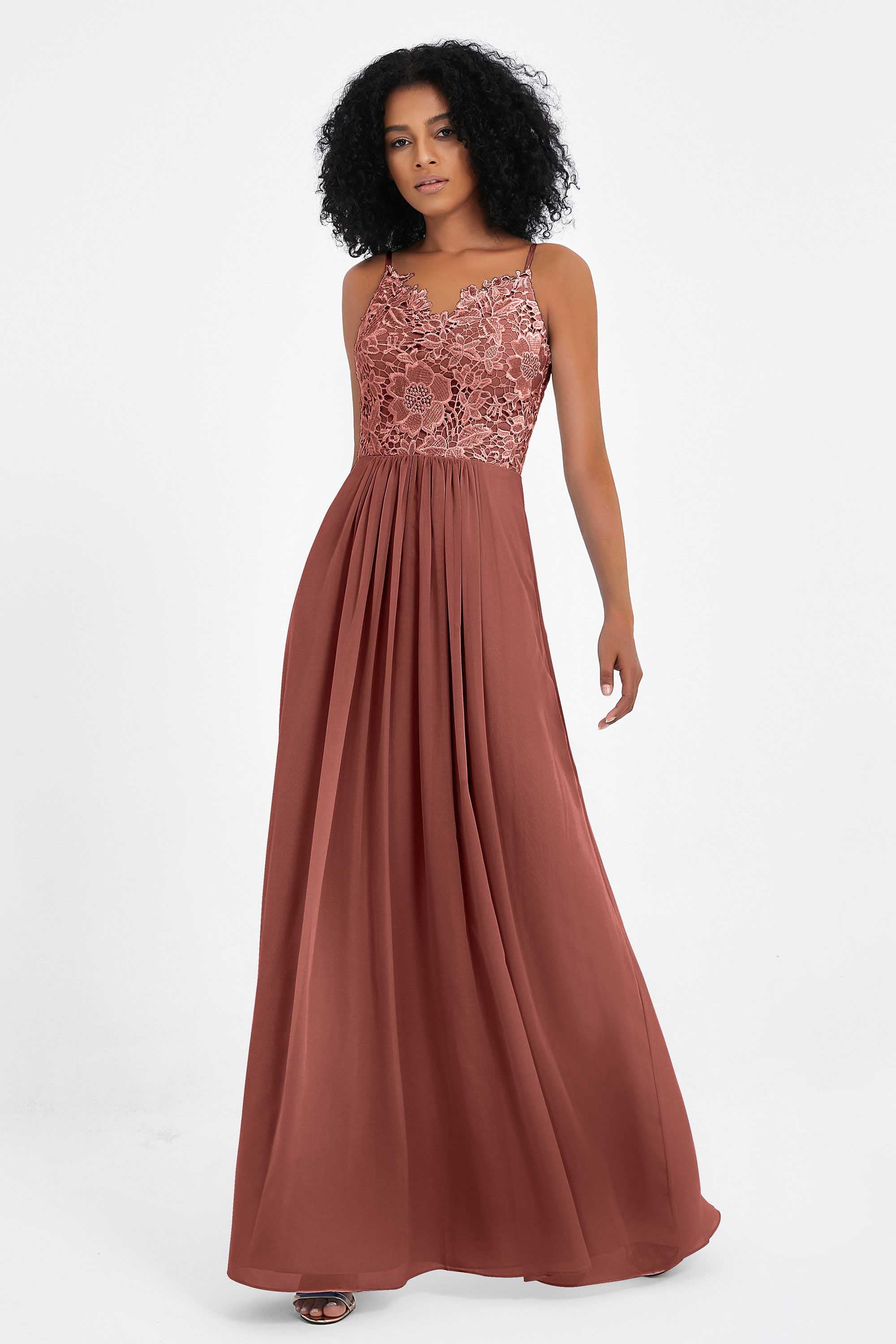 Spaghetti Straps Chiffon Lace Bridesmaid Dress Ruched Long Formal Evening Dresses Gowns