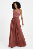 Spaghetti Straps Chiffon Lace Bridesmaid Dress Ruched Long Formal Evening Dresses Gowns