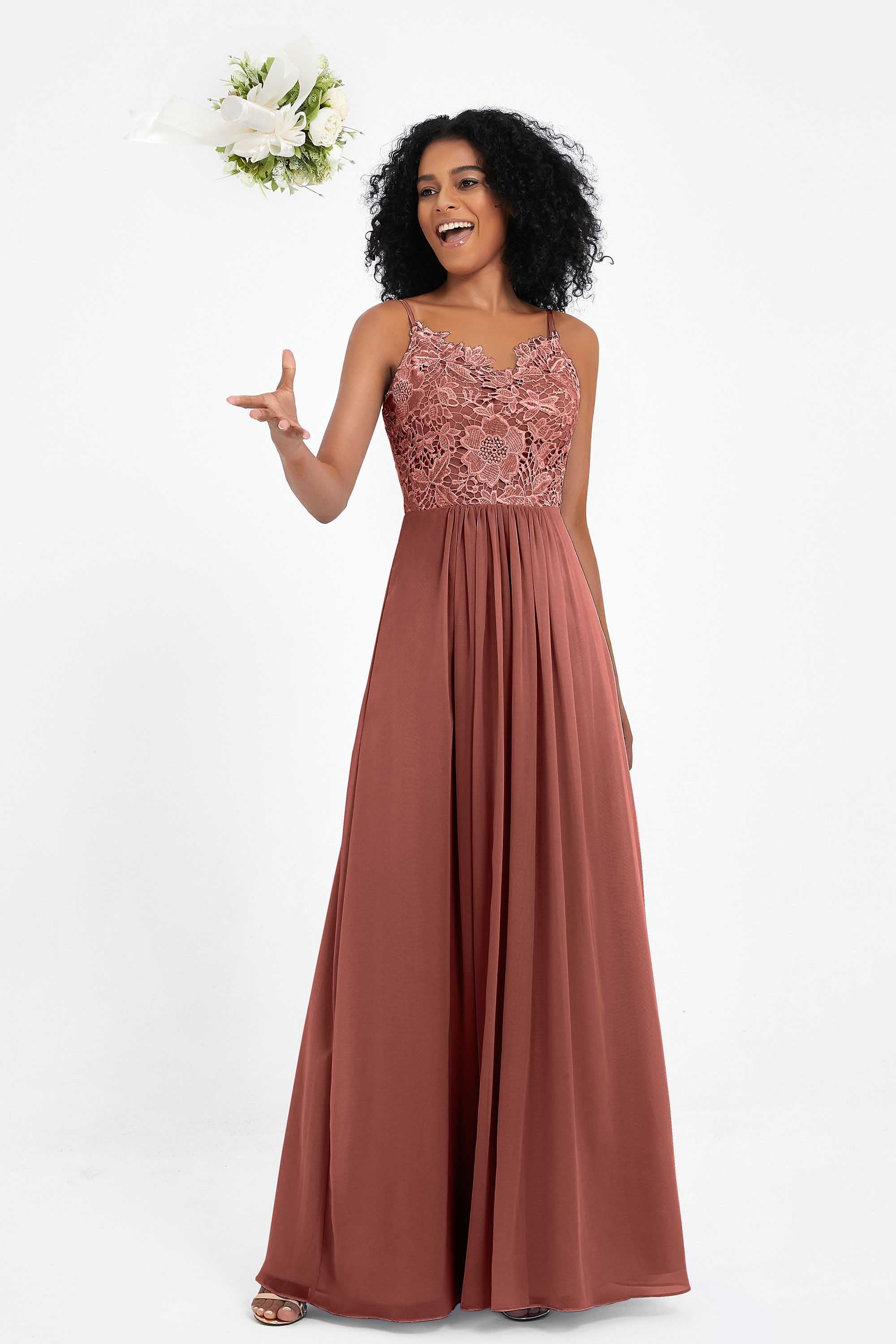 Spaghetti Straps Chiffon Lace Bridesmaid Dress Ruched Long Formal Evening Dresses Gowns