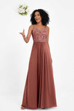 Spaghetti Straps Chiffon Lace Bridesmaid Dress Ruched Long Formal Evening Dresses Gowns