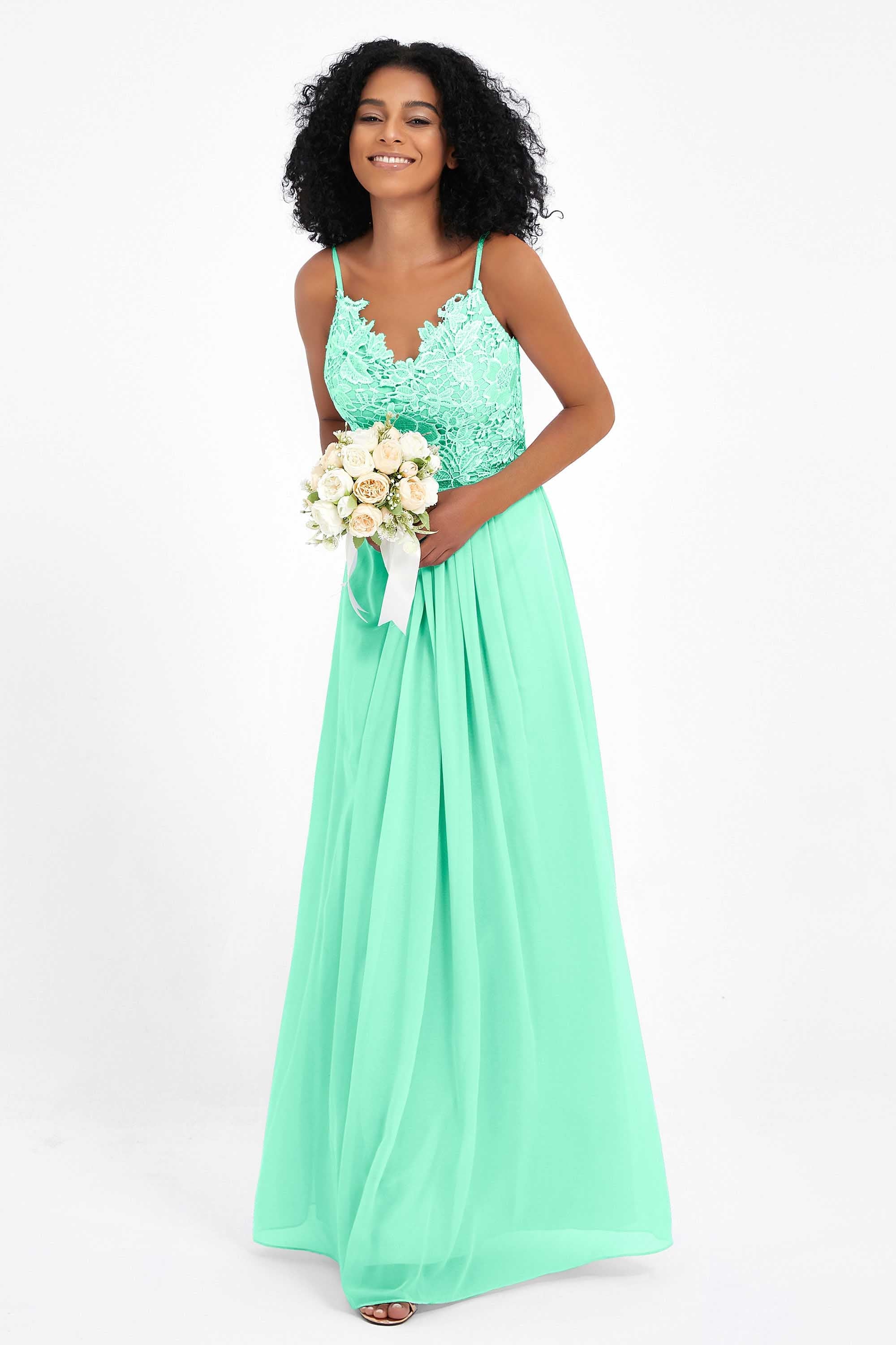 Spaghetti Straps Chiffon Lace Bridesmaid Dress Ruched Long Formal Evening Dresses Gowns