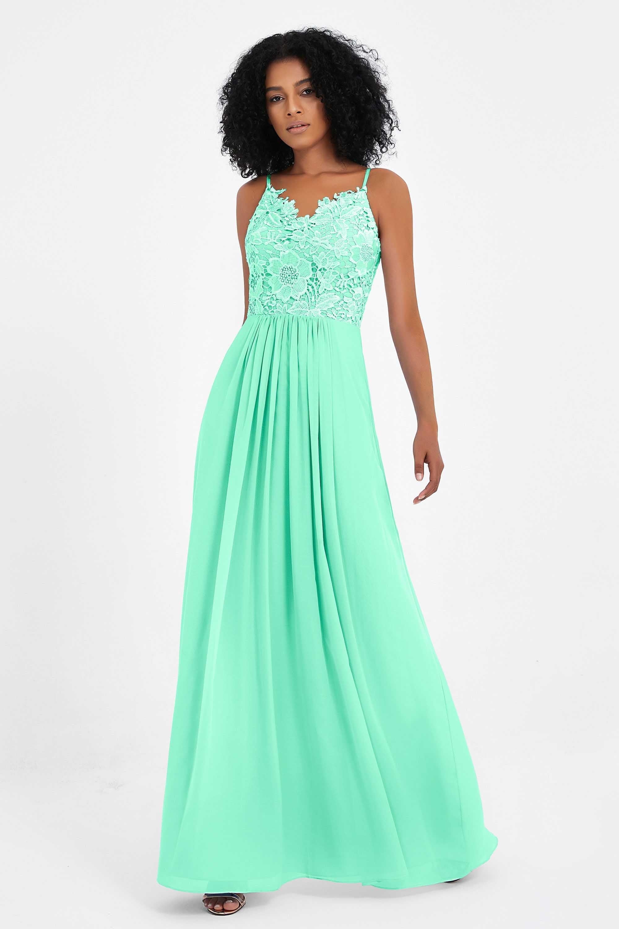 Spaghetti Straps Chiffon Lace Bridesmaid Dress Ruched Long Formal Evening Dresses Gowns