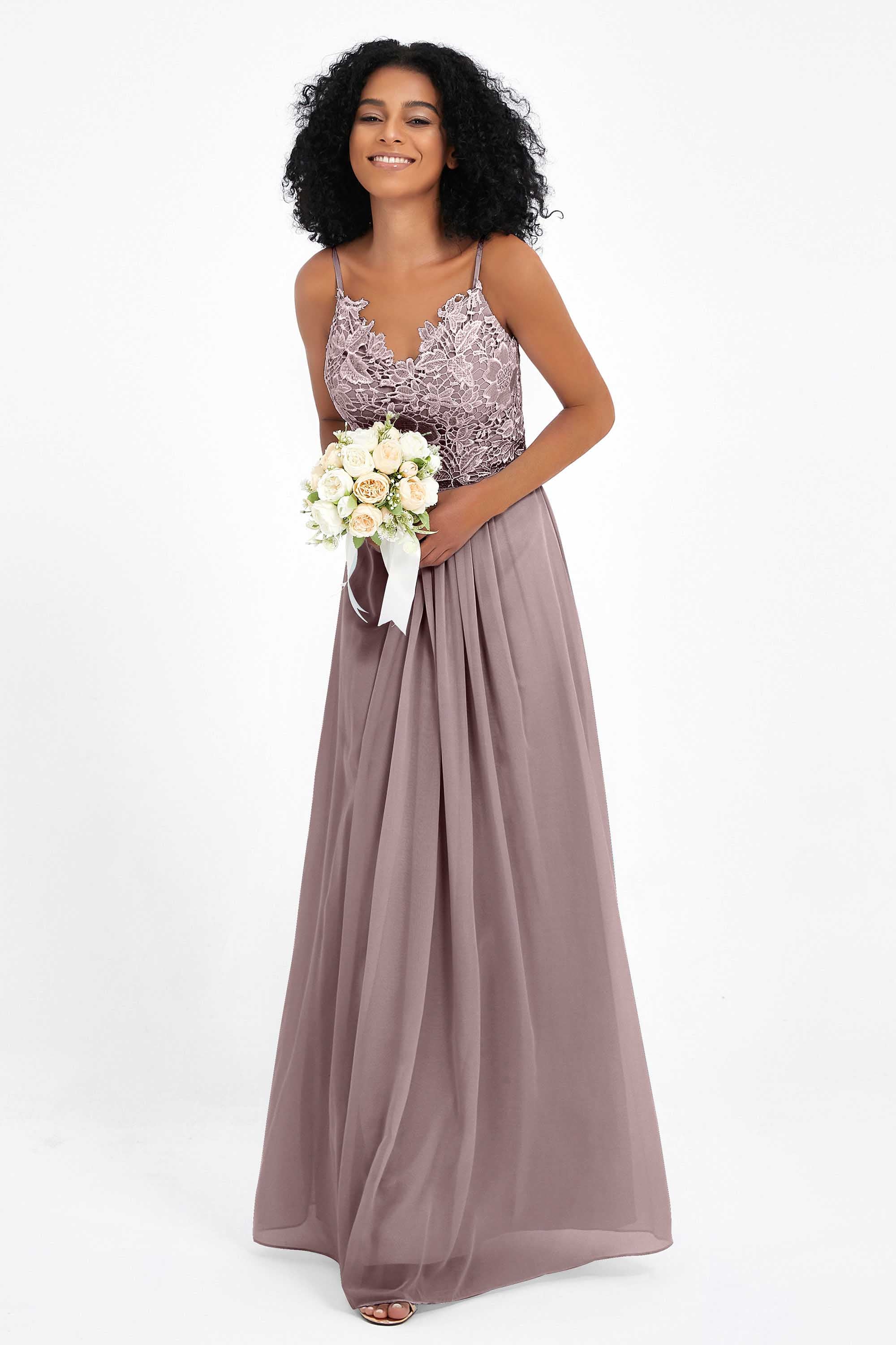 Spaghetti Straps Chiffon Lace Bridesmaid Dress Ruched Long Formal Evening Dresses Gowns