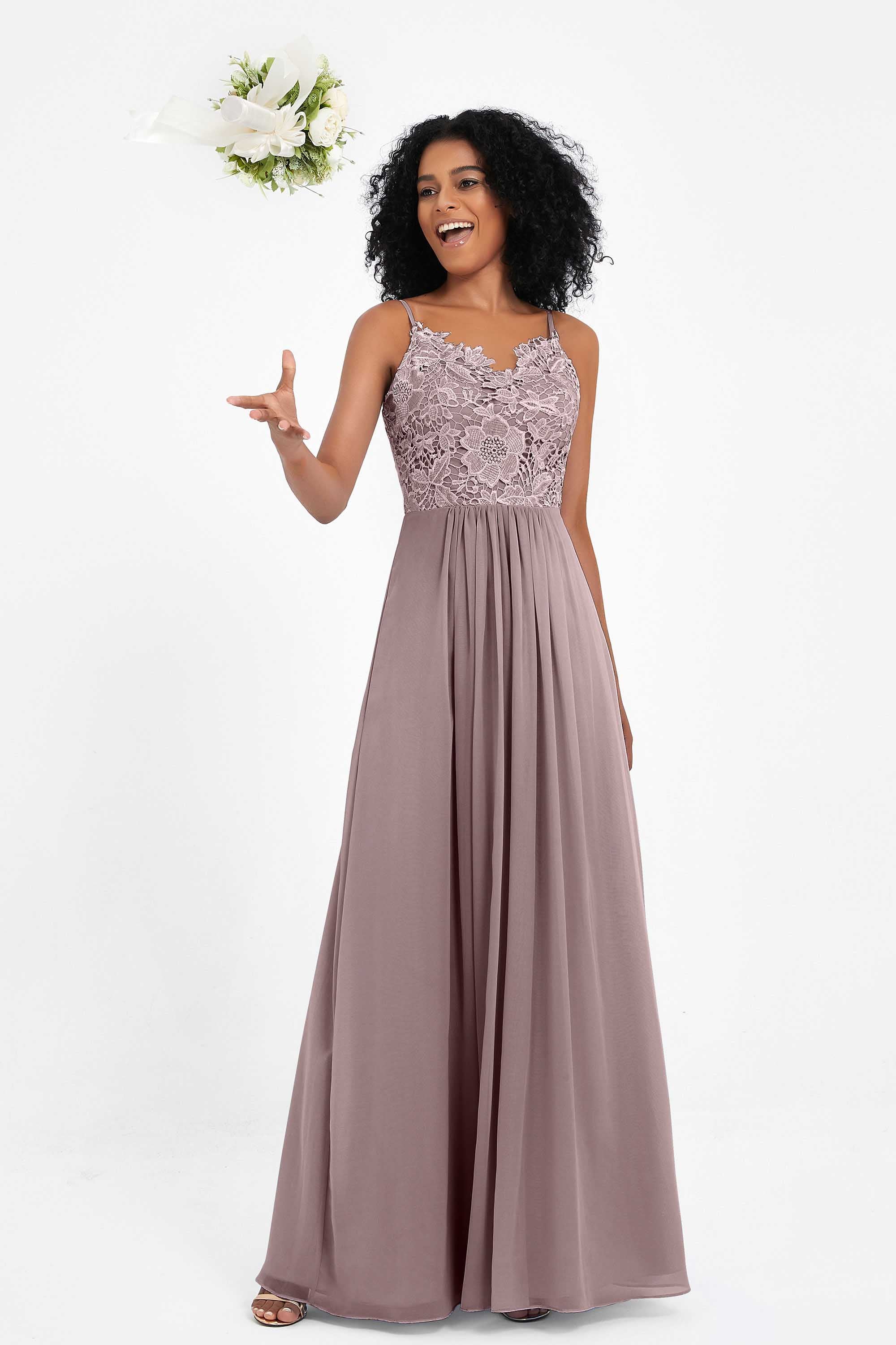 Spaghetti Straps Chiffon Lace Bridesmaid Dress Ruched Long Formal Evening Dresses Gowns
