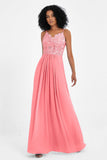 Spaghetti Straps Chiffon Lace Bridesmaid Dress Ruched Long Formal Evening Dresses Gowns