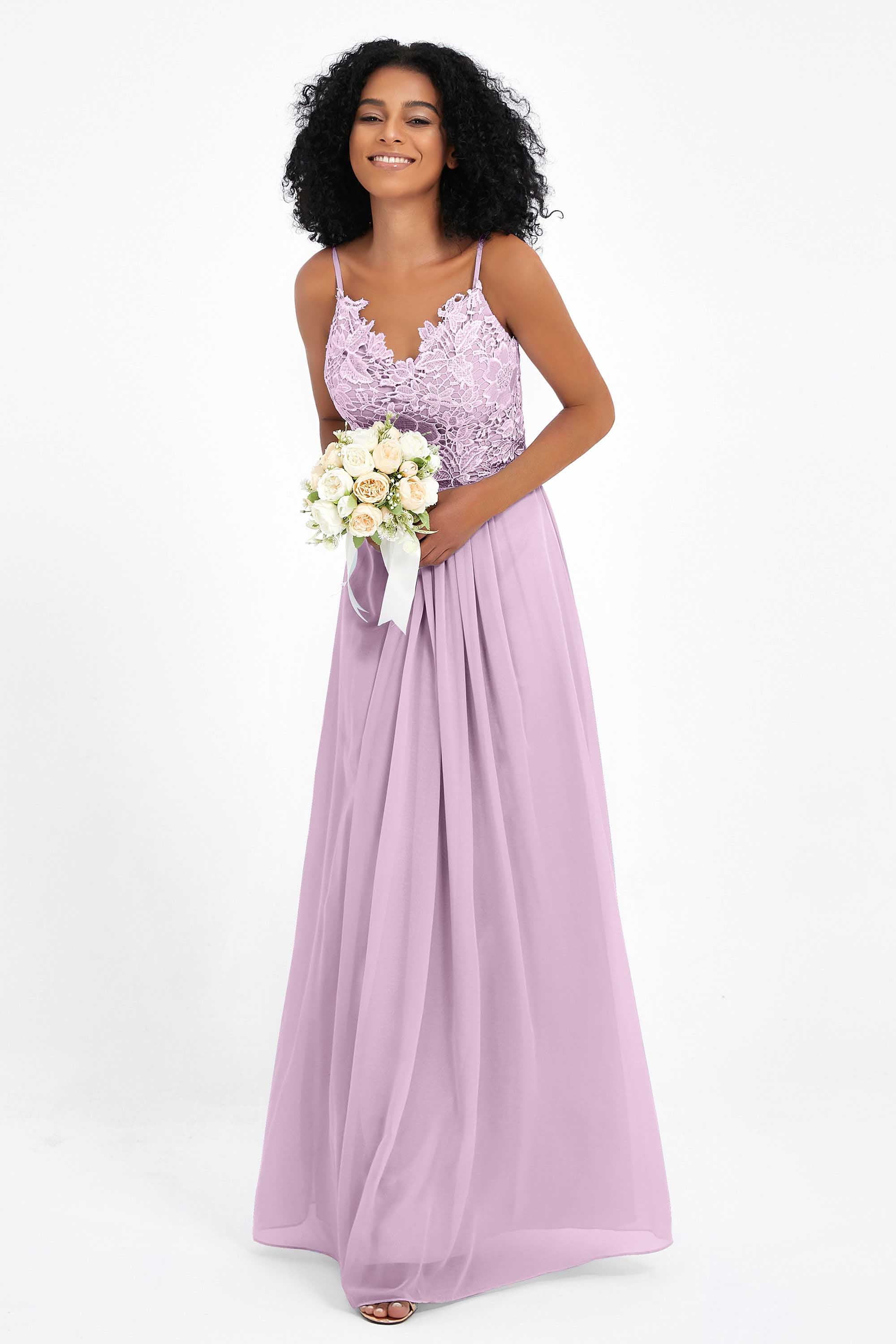 Spaghetti Straps Chiffon Lace Bridesmaid Dress Ruched Long Formal Evening Dresses Gowns