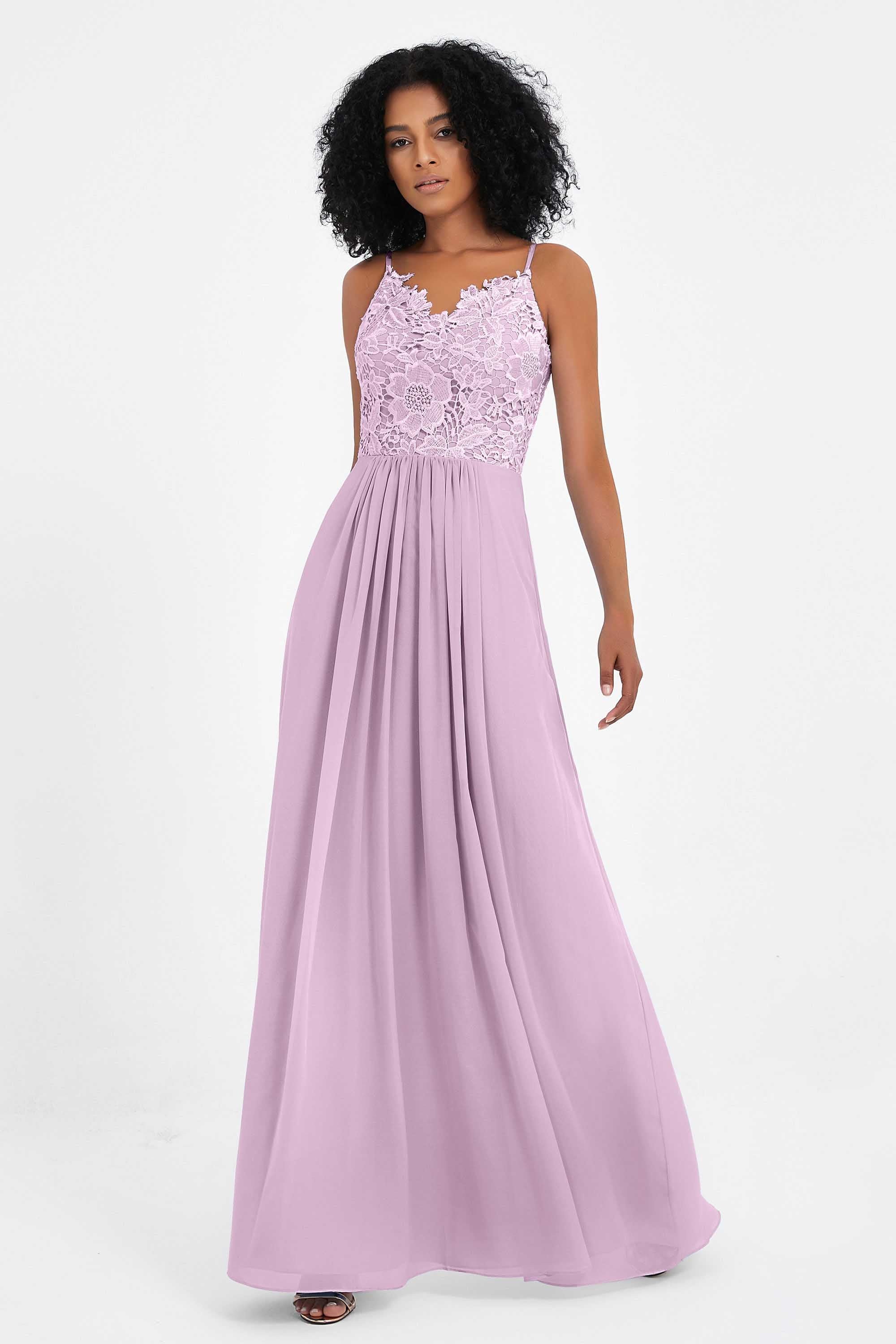 Spaghetti Straps Chiffon Lace Bridesmaid Dress Ruched Long Formal Evening Dresses Gowns