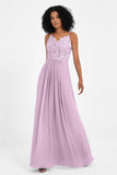 Spaghetti Straps Chiffon Lace Bridesmaid Dress Ruched Long Formal Evening Dresses Gowns