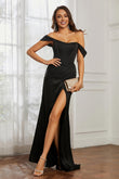 Off the shoulder cap sleeves satin formal evening dresses with slit prom party gowns