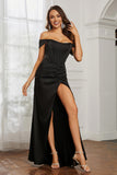 Off the shoulder cap sleeves satin formal evening dresses with slit prom party gowns