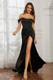 Off the shoulder cap sleeves satin formal evening dresses with slit prom party gowns