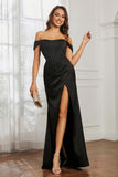 Off the shoulder cap sleeves satin formal evening dresses with slit prom party gowns