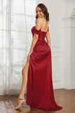 Off the shoulder cap sleeves satin formal evening dresses with slit prom party gowns