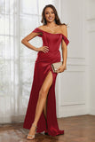 Off the shoulder cap sleeves satin formal evening dresses with slit prom party gowns