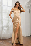 Off the shoulder cap sleeves satin formal evening dresses with slit prom party gowns