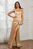 Off the shoulder cap sleeves satin formal evening dresses with slit prom party gowns