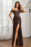 Off the shoulder cap sleeves satin formal evening dresses with slit prom party gowns