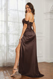 Off the shoulder cap sleeves satin formal evening dresses with slit prom party gowns