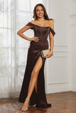 Off the shoulder cap sleeves satin formal evening dresses with slit prom party gowns