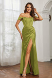 Off the shoulder cap sleeves satin formal evening dresses with slit prom party gowns