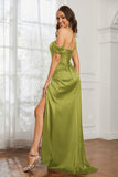 Off the shoulder cap sleeves satin formal evening dresses with slit prom party gowns