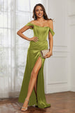 Off the shoulder cap sleeves satin formal evening dresses with slit prom party gowns
